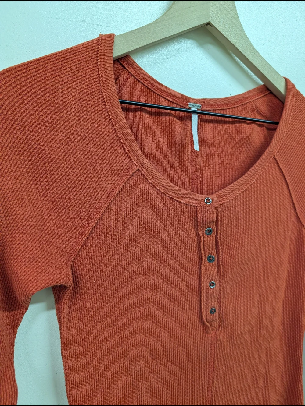 Free People Rust Henley Waffle Knit Long-Sleeve Top‎ with Patterned Cuffs